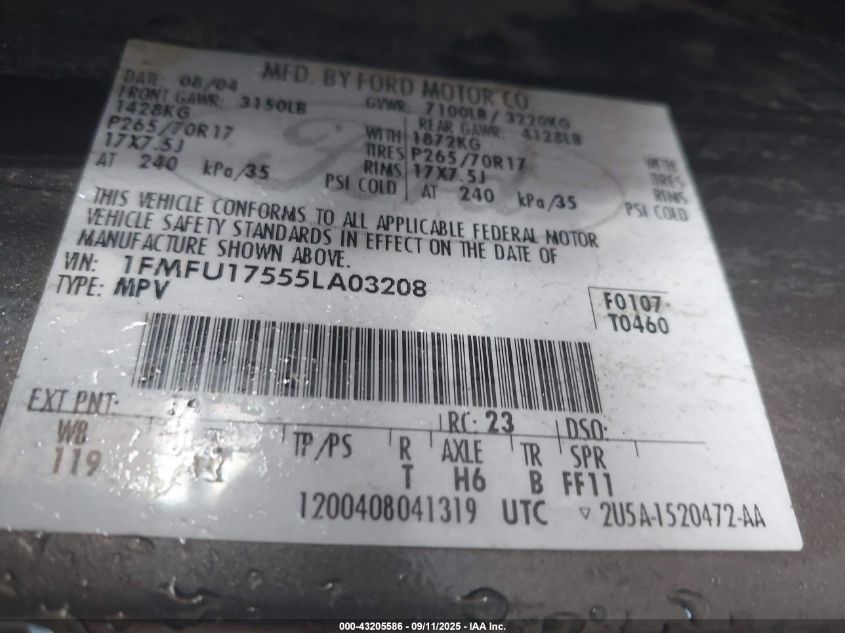 2005 Ford Expedition Eddie Bauer/King Ranch VIN: 1FMFU17555LA03208 Lot: 43205586