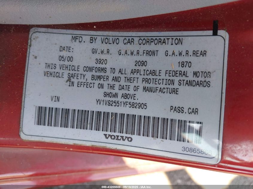 2000 Volvo S40 A/As VIN: YV1VS2551YF582905 Lot: 43205588