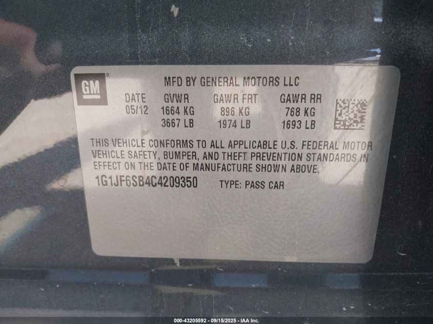 2012 Chevrolet Sonic 1Lz VIN: 1G1JF6SB4C4209350 Lot: 43205592