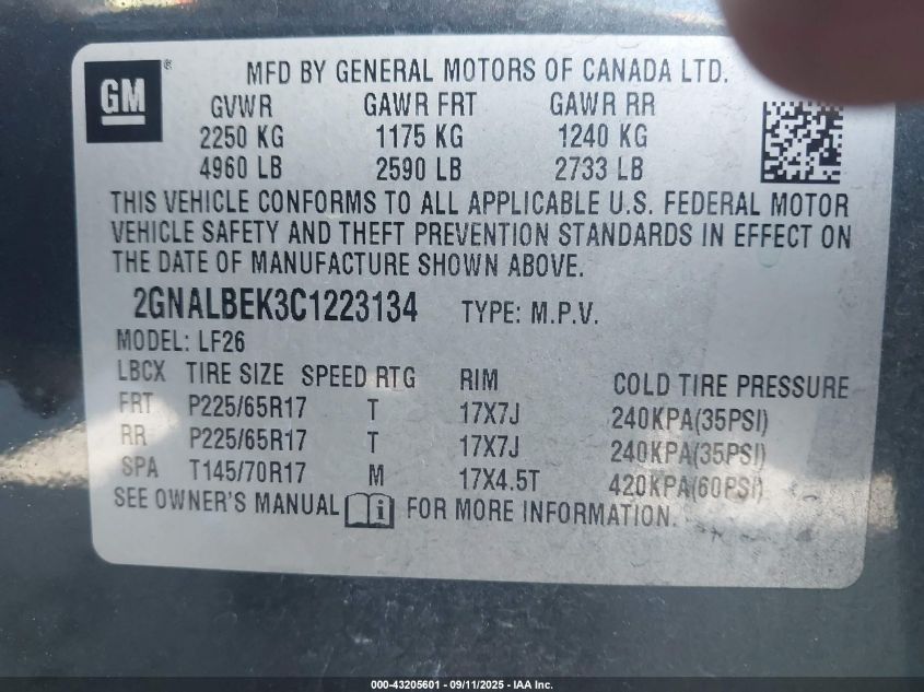 2012 Chevrolet Equinox Ls VIN: 2GNALBEK3C1223134 Lot: 43205601