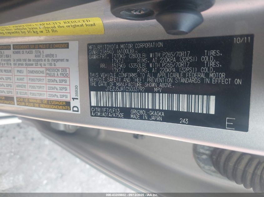 2012 Toyota 4Runner Sr5 VIN: JTEZU5JR1C5033792 Lot: 43205602