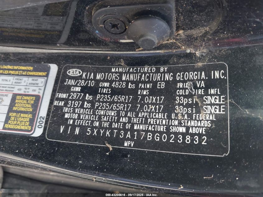 2011 Kia Sorento Lx VIN: 5XYKT3A17BG023832 Lot: 43205616