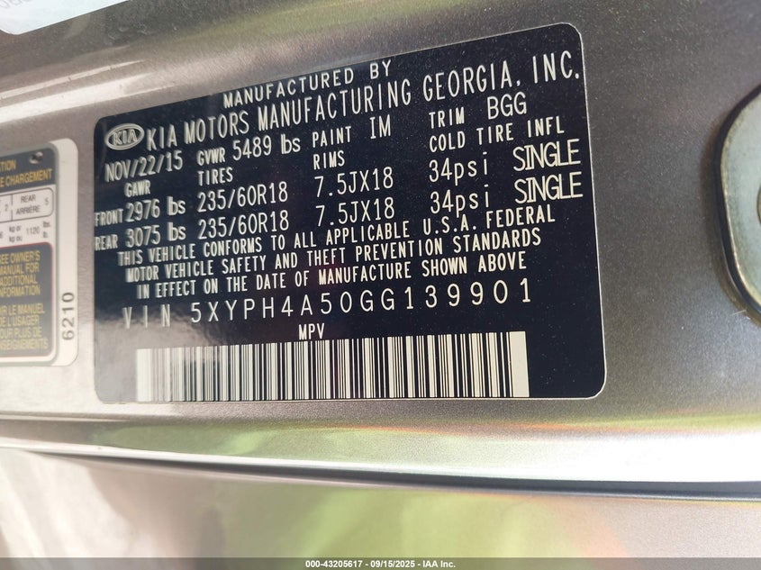 2016 KIA SORENTO 3.3L EX 5XYPH4A50GG139901