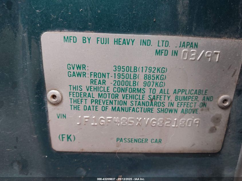 1997 Subaru Impreza Outback Sport VIN: JF1GF485XVG821809 Lot: 43205637