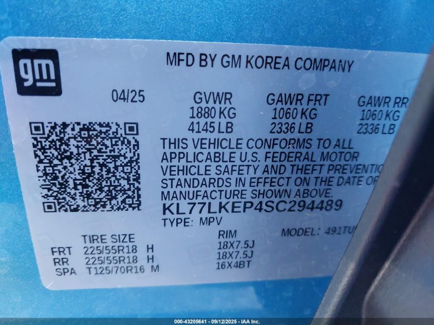 2025 Chevrolet Trax Fwd Activ VIN: KL77LKEP4SC294489 Lot: 43205641