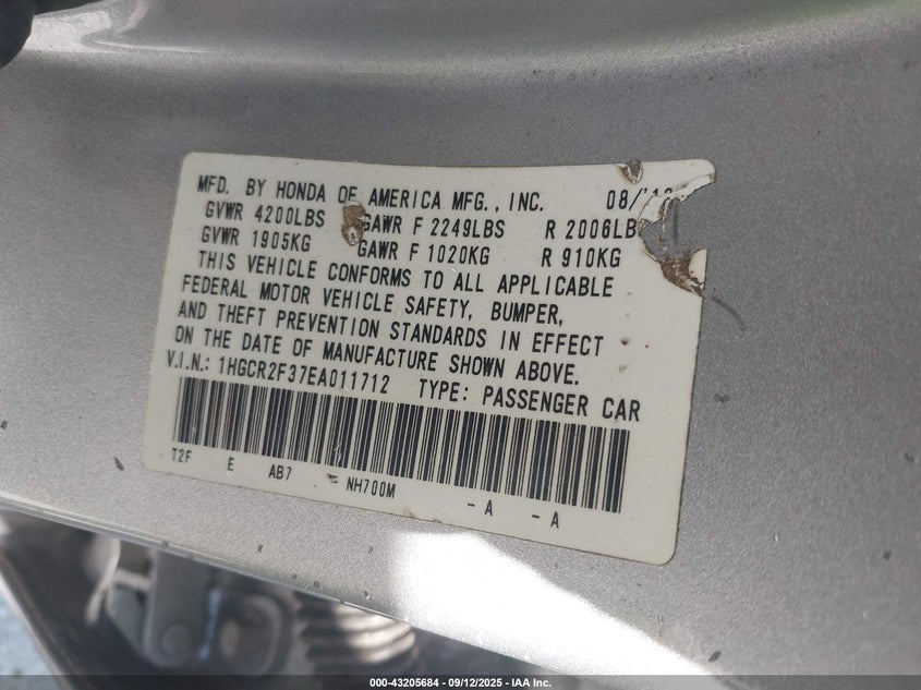 2014 Honda Accord Lx VIN: 1HGCR2F37EA011712 Lot: 43205684