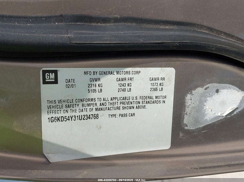 2001 Cadillac Deville Standard W/W20 VIN: 1G6KD54Y31U234768 Lot: 43205703