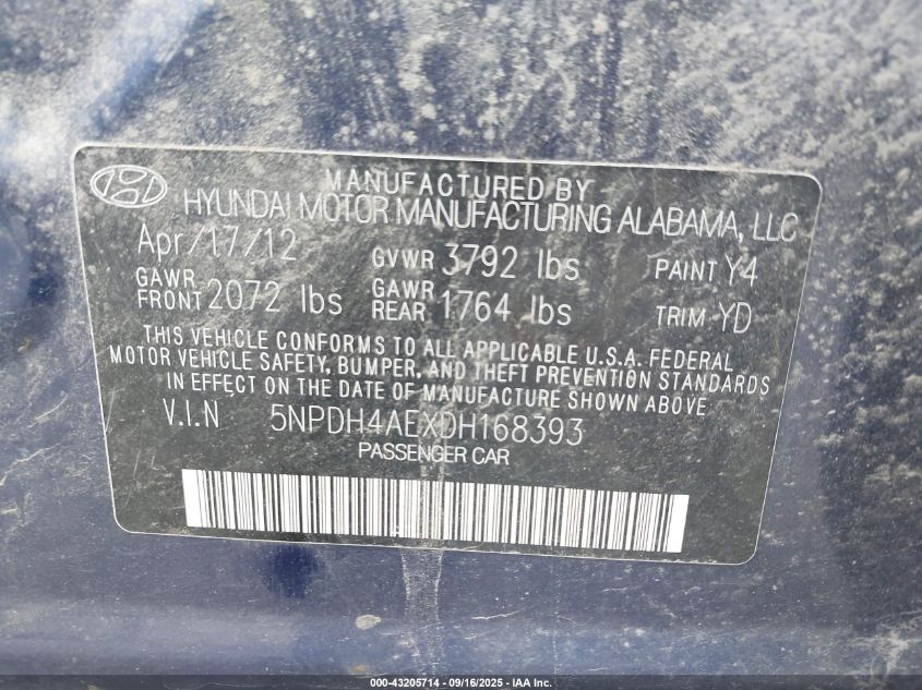 2013 Hyundai Elantra Gls VIN: 5NPDH4AEXDH168393 Lot: 43205714