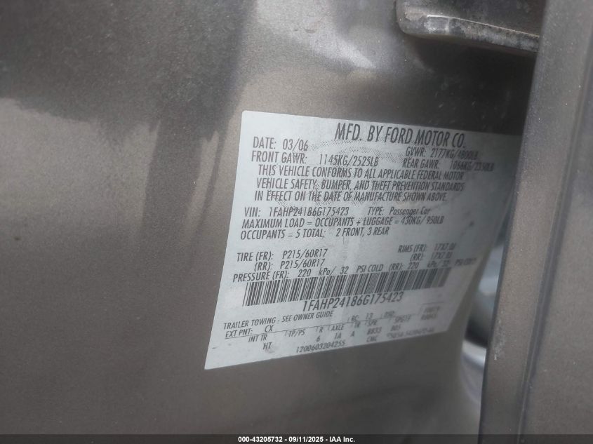 2006 Ford Five Hundred Sel VIN: 1FAHP24186G175423 Lot: 43205732