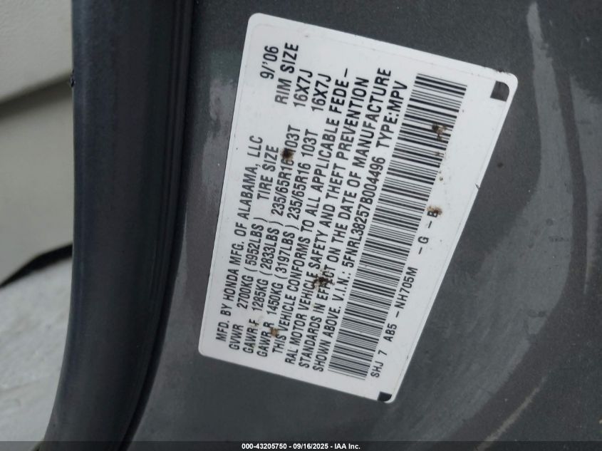 2007 Honda Odyssey Lx VIN: 5FNRL38257B004496 Lot: 43205750