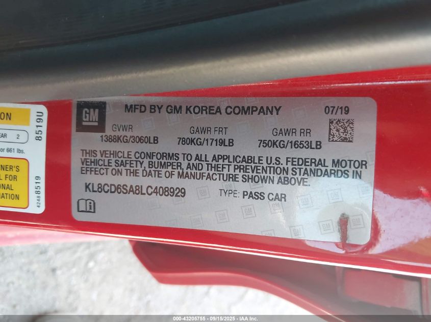 2020 Chevrolet Spark Fwd 1Lt Automatic VIN: KL8CD6SA8LC408929 Lot: 43205755