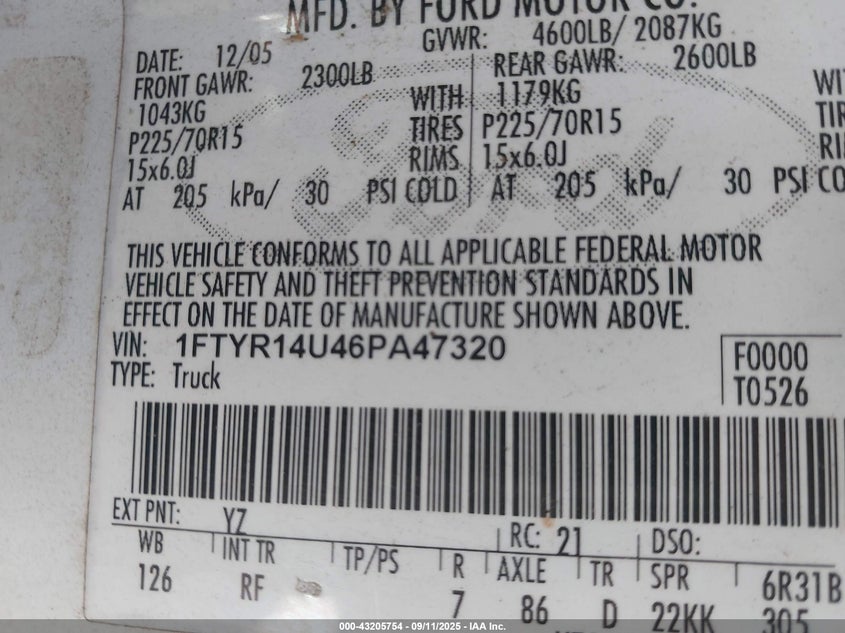 2006 Ford Ranger Sport/Stx/Xl/Xlt VIN: 1FTYR14U46PA47320 Lot: 43205754