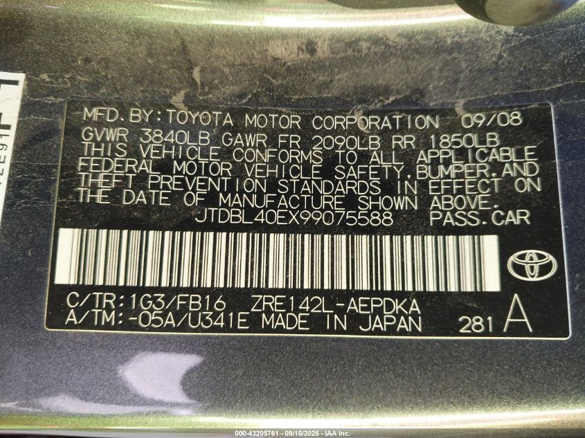 2009 Toyota Corolla Le VIN: JTDBL40EX99075588 Lot: 43205761