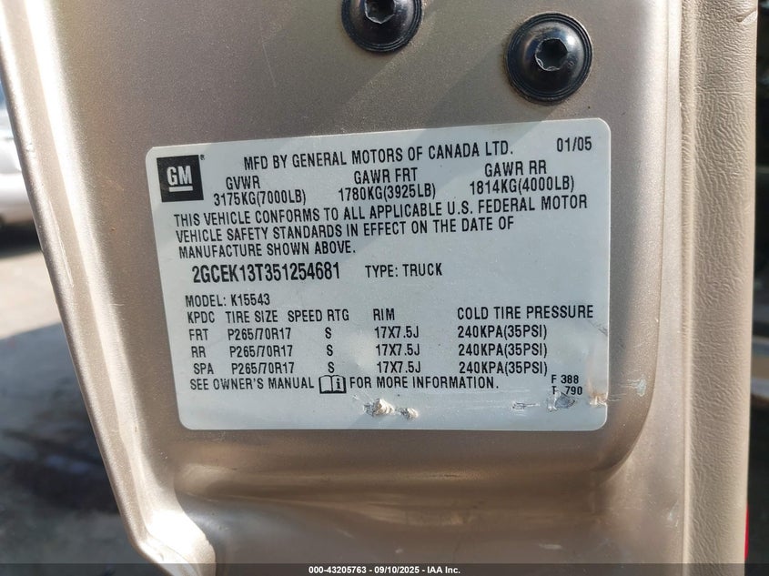 2005 Chevrolet Silverado 1500 Ls VIN: 2GCEK13T351254681 Lot: 43205763