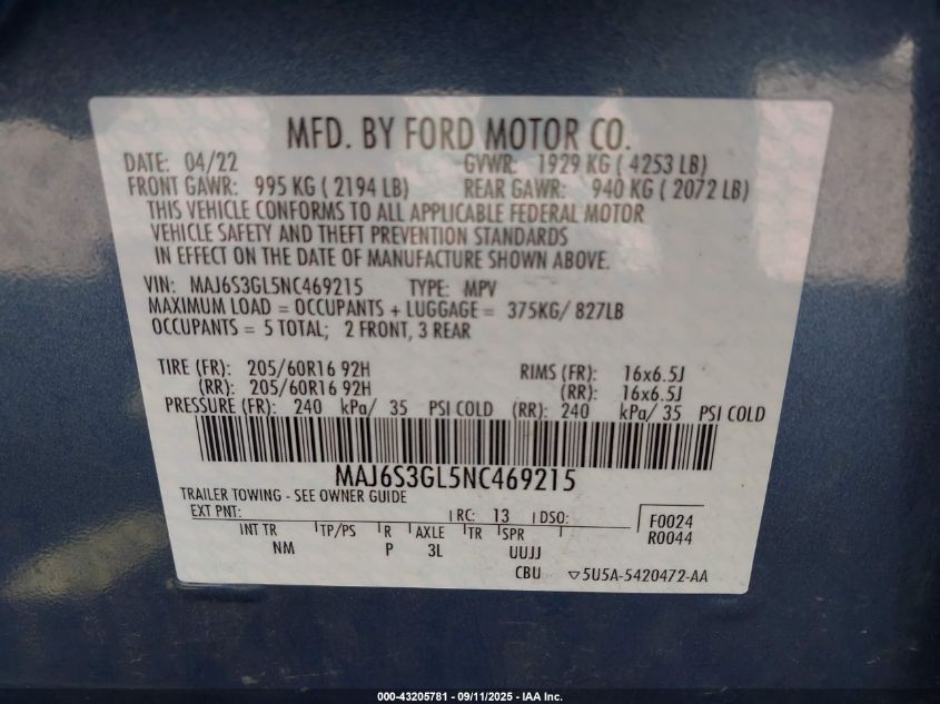 2022 Ford Ecosport Se VIN: MAJ6S3GL5NC469215 Lot: 43205781