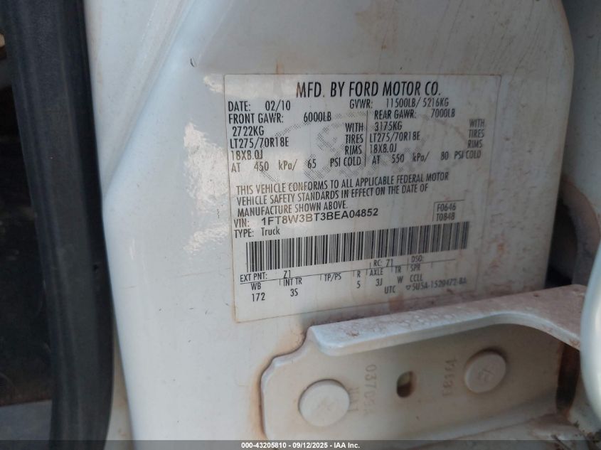 2011 Ford F-350 Xlt VIN: 1FT8W3BT3BEA04852 Lot: 43205810