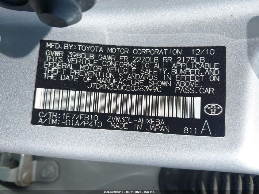2011 Toyota Prius Two VIN: JTDKN3DU0B0263990 Lot: 43205818