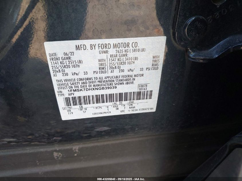 2022 Ford Explorer Xlt VIN: 1FMSK7DHXNGB39039 Lot: 43205840