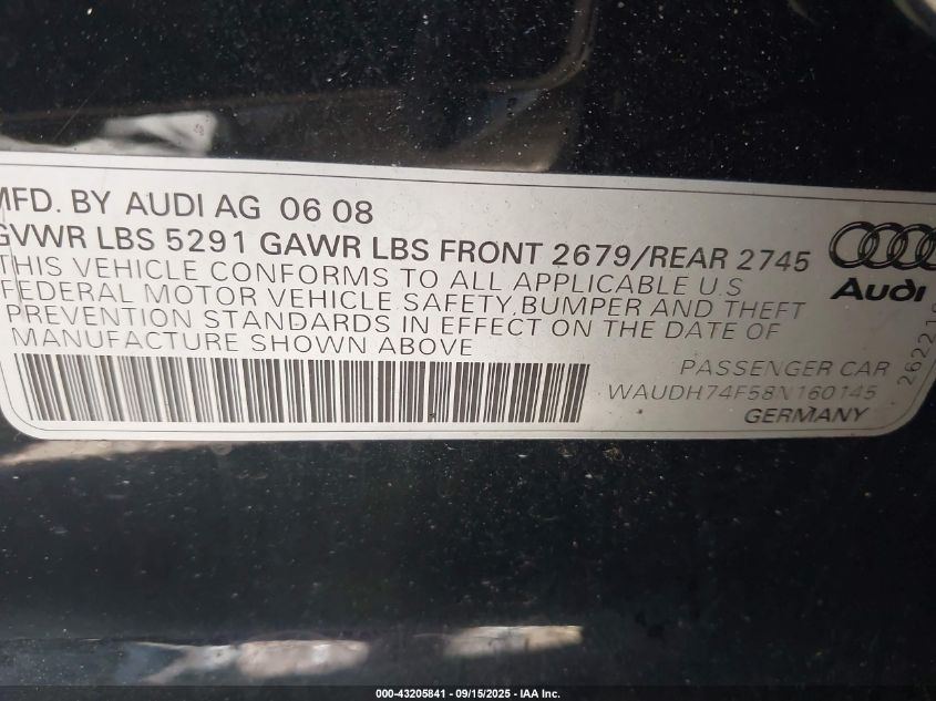 2008 Audi A6 3.2 VIN: WAUDH74F58N160145 Lot: 43205841