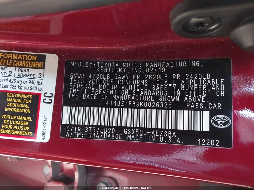 2019 TOYOTA AVALON TOURING - 4T1BZ1FB9KU026326