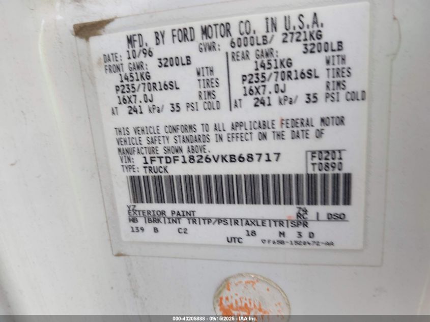 1997 Ford F-150 Standard/Xl/Xlt VIN: 1FTDF1826VKB68717 Lot: 43205888
