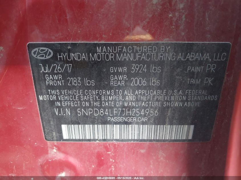 2018 Hyundai Elantra Sel VIN: 5NPD84LF7JH254956 Lot: 43205889