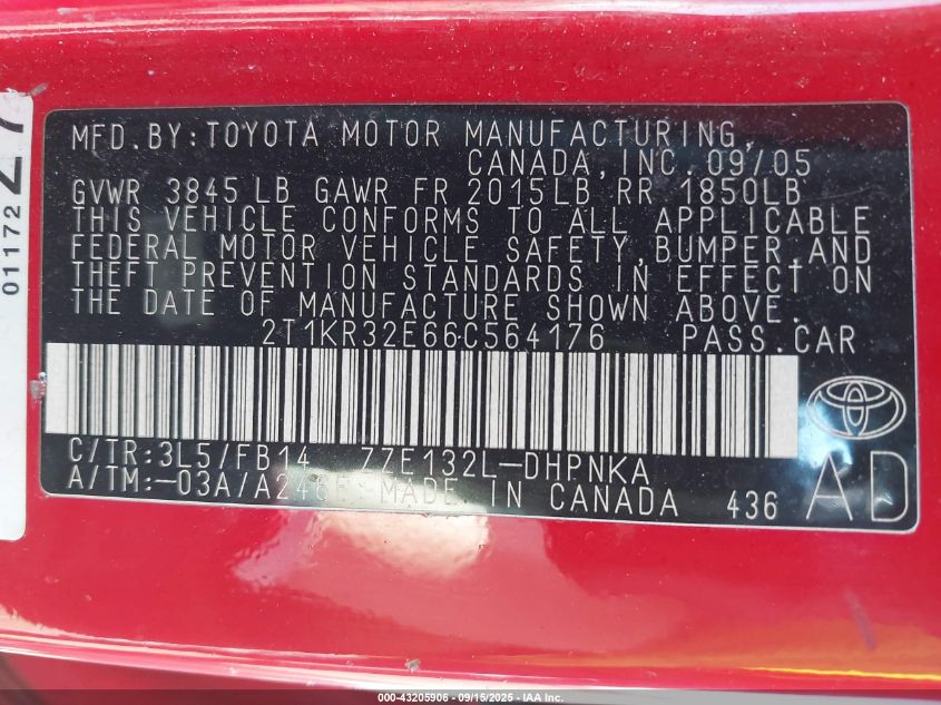 2006 Toyota Matrix Xr VIN: 2T1KR32E66C564176 Lot: 43205906