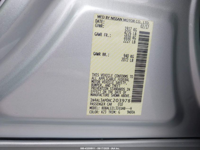 2017 Nissan Altima 2.5 Sv VIN: 1N4AL3AP0HC203978 Lot: 43205911