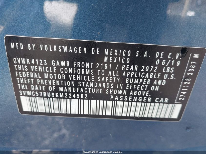 2019 Volkswagen Jetta 1.4T R-Line/1.4T S/1.4T Se VIN: 3VWC57BU9KM224582 Lot: 43205925