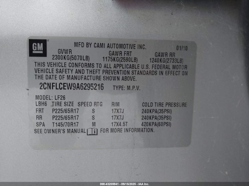 2010 Chevrolet Equinox Ls VIN: 2CNFLCEW9A6295216 Lot: 43205941