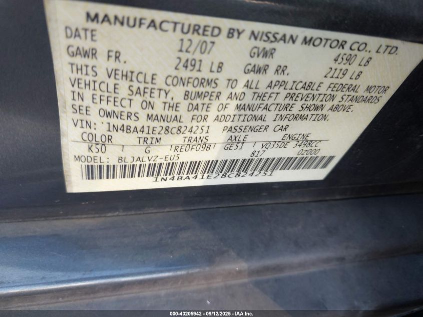 2008 Nissan Maxima 3.5 Se VIN: 1N4BA41E28C824251 Lot: 43205942