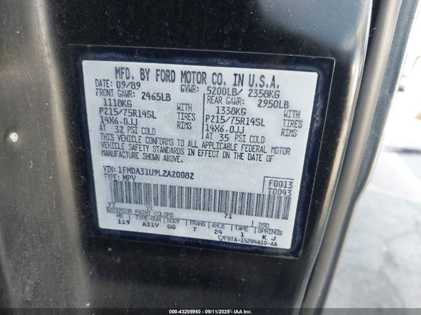 1990 Ford Aerostar VIN: 1FMDA31U9LZA20082 Lot: 43205950