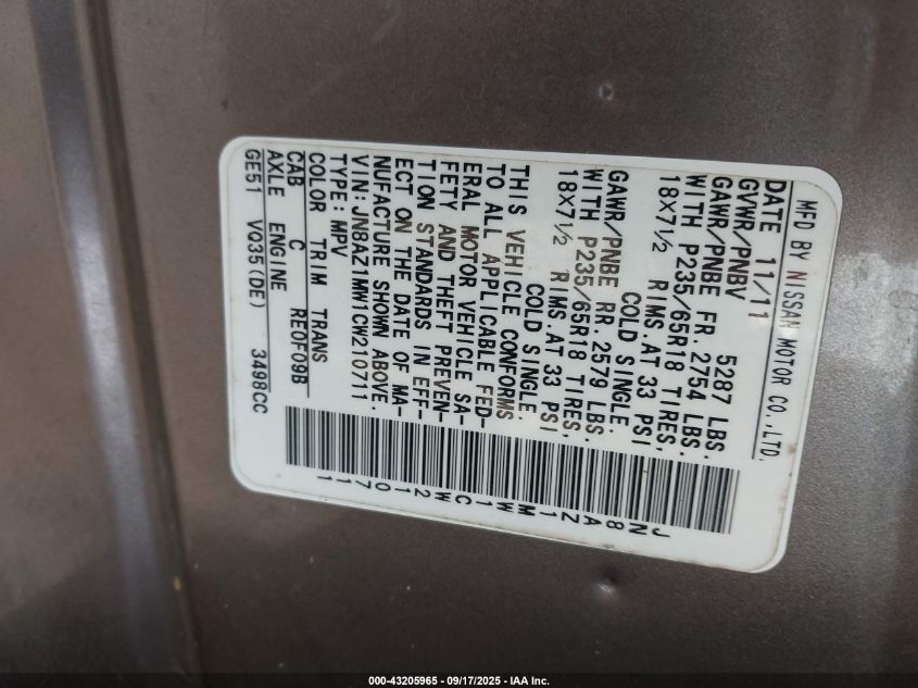 2012 Nissan Murano S VIN: JN8AZ1MW1CW210711 Lot: 43205965