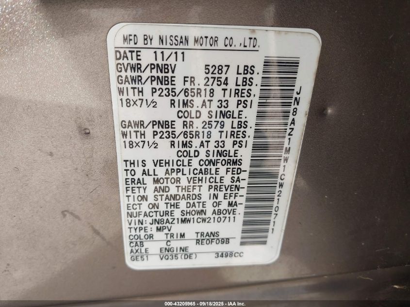 2012 Nissan Murano S VIN: JN8AZ1MW1CW210711 Lot: 43205965