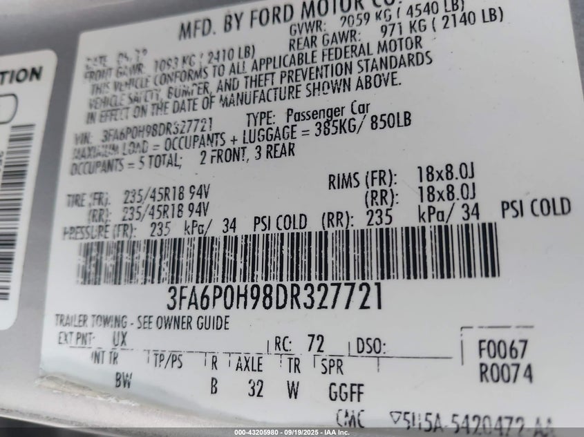 2013 Ford Fusion Se VIN: 3FA6P0H98DR327721 Lot: 43205980