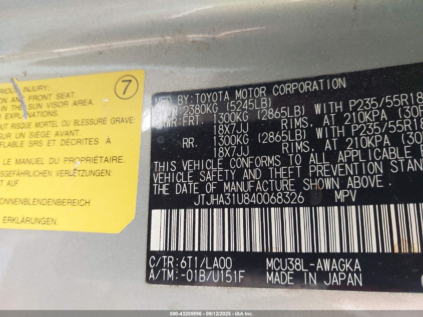 2004 Lexus Rx 330 VIN: JTJHA31U840068326 Lot: 43205996