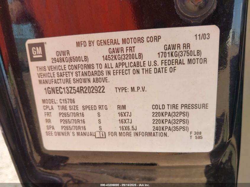 2004 Chevrolet Tahoe Ls VIN: 1GNEC13Z54R202922 Lot: 43206000