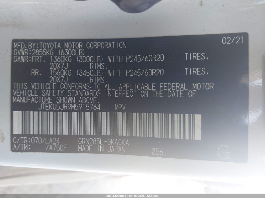 2021 Toyota 4Runner Limited VIN: JTEKU5JR9M5915764 Lot: 43206016