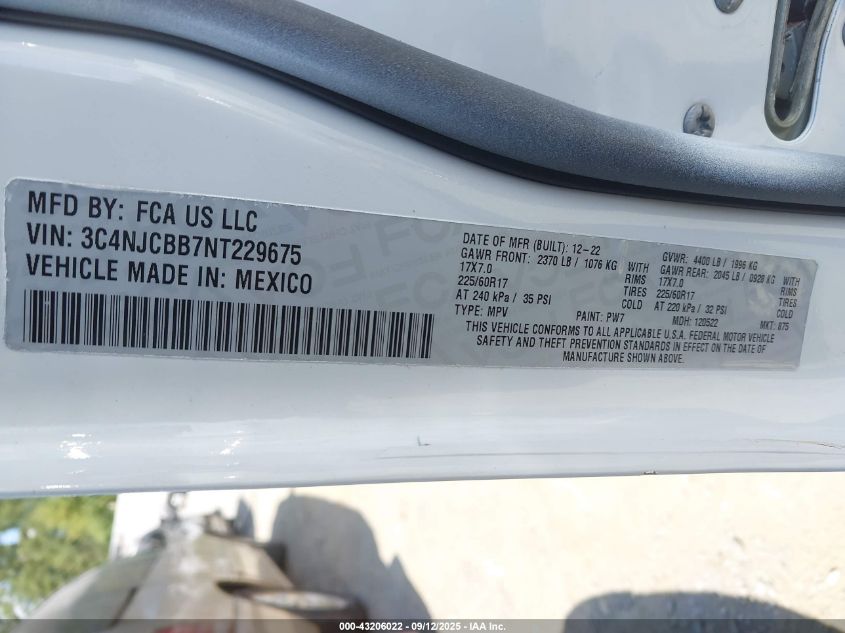 2022 Jeep Compass Latitude Fwd VIN: 3C4NJCBB7NT229675 Lot: 43206022