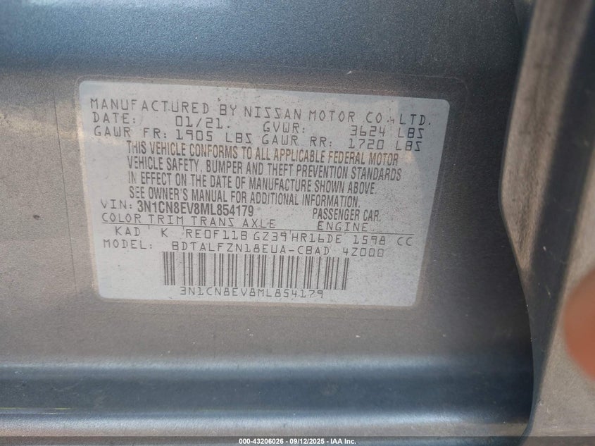 2021 Nissan Versa Sv Xtronic Cvt VIN: 3N1CN8EV8ML854179 Lot: 43206026