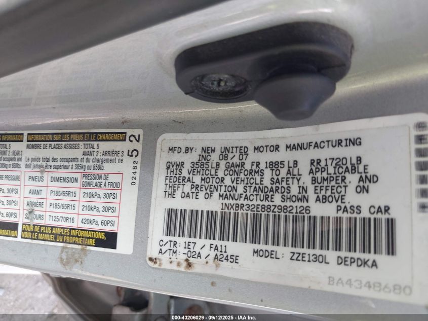 2008 Toyota Corolla Ce VIN: 1NXBR32E88Z982126 Lot: 43206029