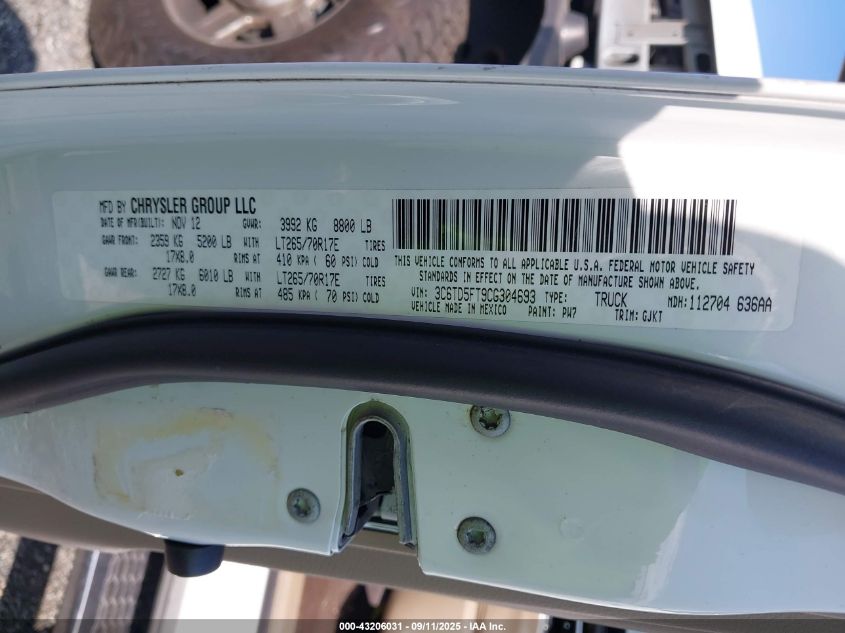 2012 Ram 2500 Laramie VIN: 3C6TD5FT9CG304693 Lot: 43206031