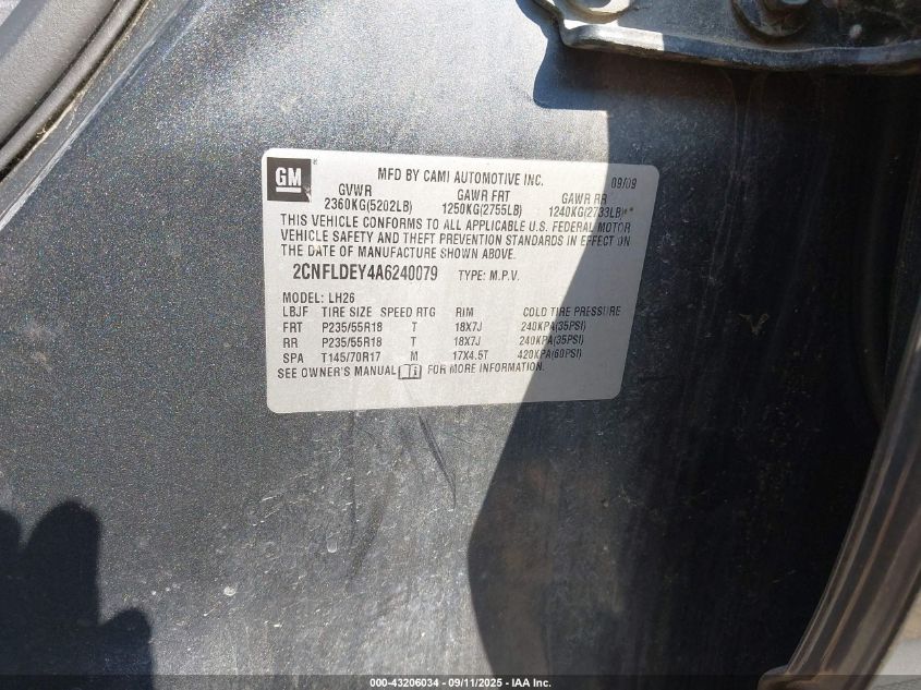 2010 Chevrolet Equinox Lt VIN: 2CNFLDEY4A6240079 Lot: 43206034