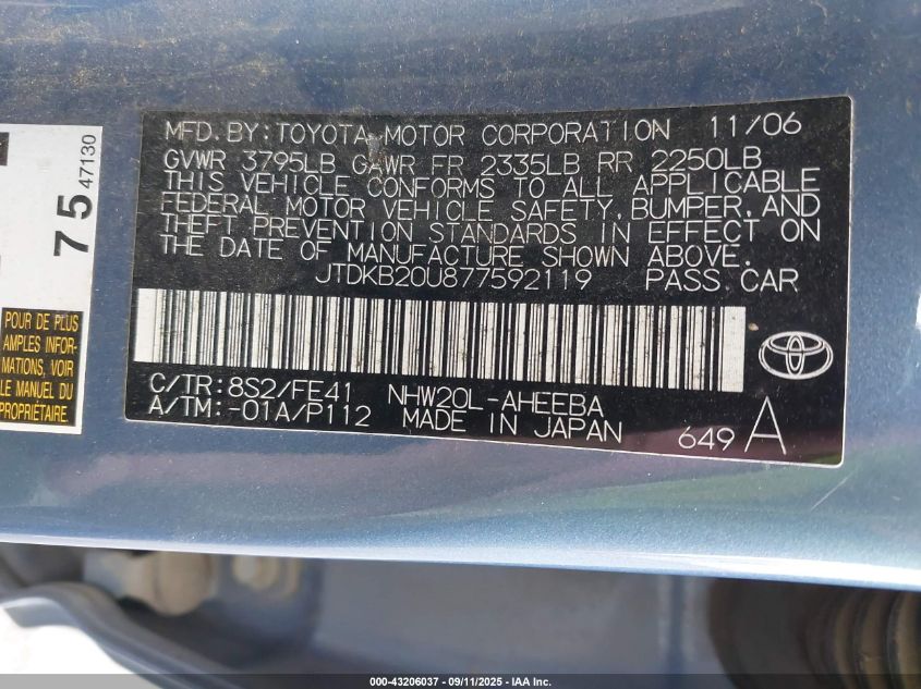 2007 Toyota Prius VIN: JTDKB20U877592119 Lot: 43206037