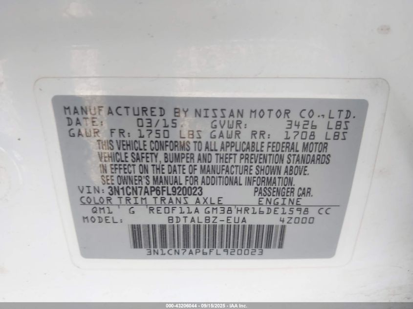 2015 Nissan Versa 1.6 Sv VIN: 3N1CN7AP6FL920023 Lot: 43206044