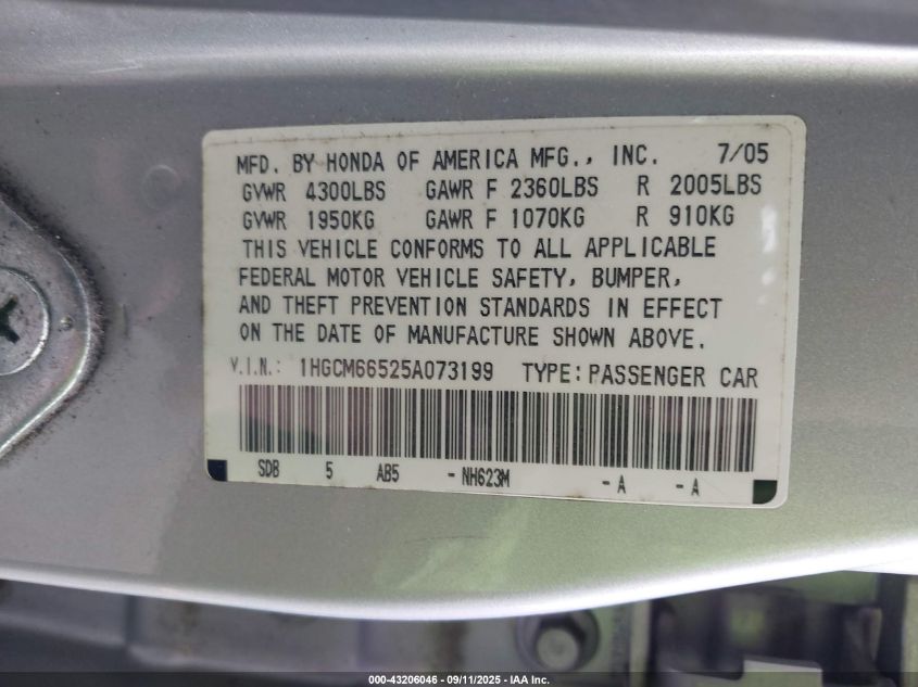 2005 Honda Accord 3.0 Ex VIN: 1HGCM66525A073199 Lot: 43206046