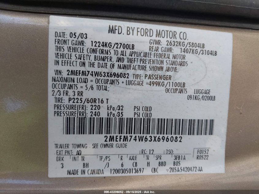 2003 Mercury Grand Marquis Gs VIN: 2MEFM74W63X696082 Lot: 43206052