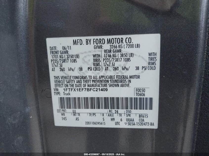 2011 Ford F-150 Xl VIN: 1FTFX1EF7BFC21409 Lot: 43206067