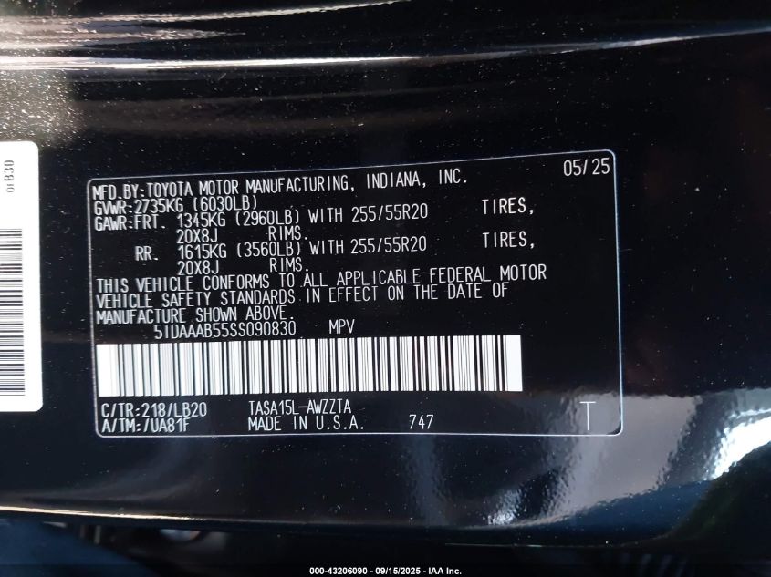 2025 Toyota Grand Highlander Platinum VIN: 5TDAAAB55SS090830 Lot: 43206090