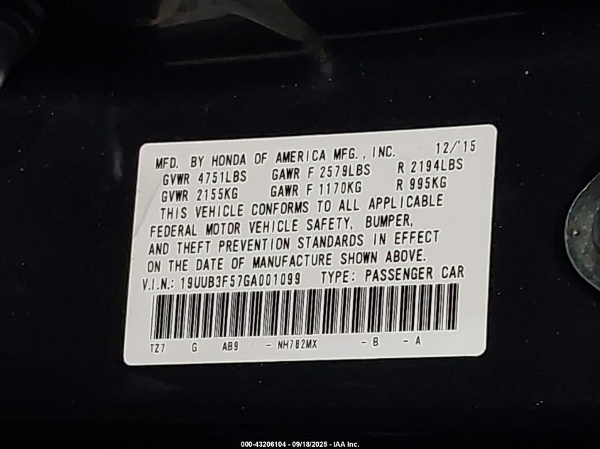 2016 Acura Tlx V6 Tech VIN: 19UUB3F57GA001099 Lot: 43206104